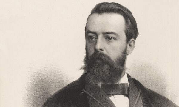 Black and white illustration of a middle-aged man with beard in academic robes