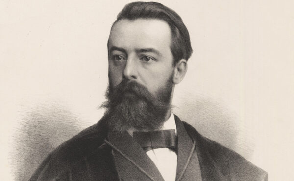 Black and white illustration of a middle-aged man with beard in academic robes