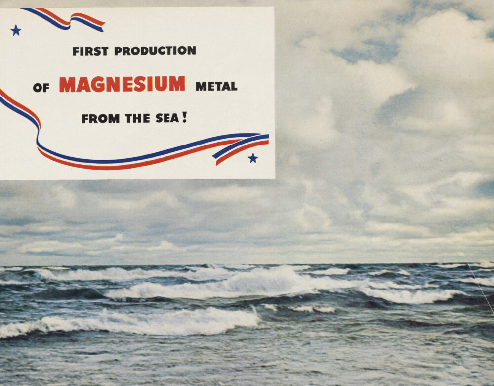 illustration of the ocean, with headline: First Production of Magnesium Metal from the Sea! Recording an epoch-making achievement in chemical engineering