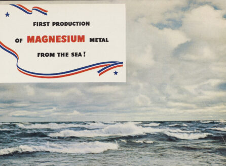 illustration of the ocean, with headline: First Production of Magnesium Metal from the Sea! Recording an epoch-making achievement in chemical engineering