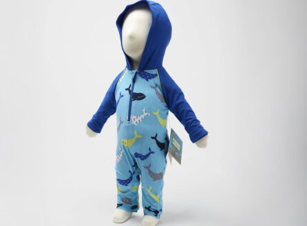 child mannequin with blue hooded swimsuit and whale pattern