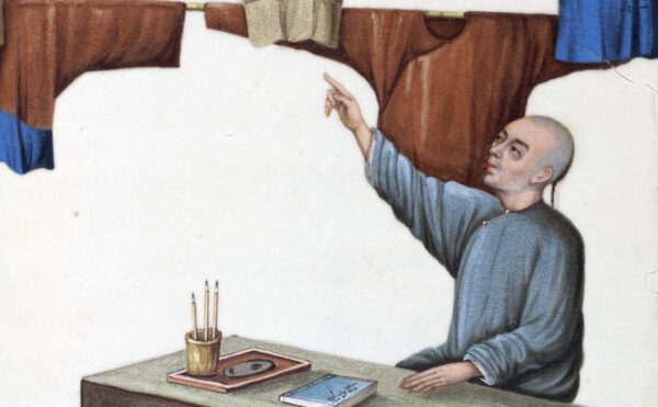 illustration of man pointing to hanging dyed clothes