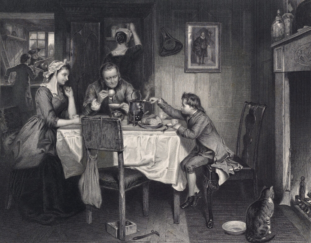 etching of a family having tea by the fireplace