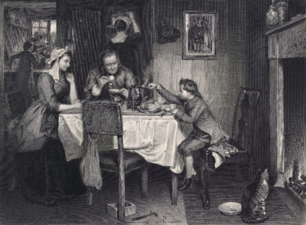 etching of a family having tea by the fireplace