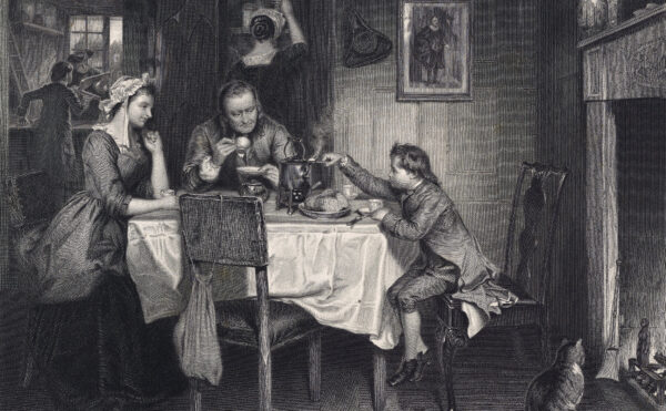 etching of a family having tea by the fireplace