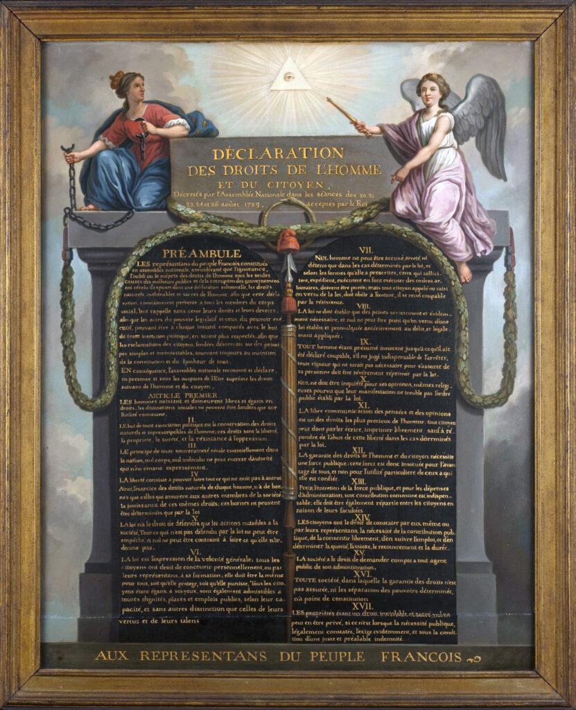 Oil painting of a monument with writing on its face and two allegorical female figures resting on top