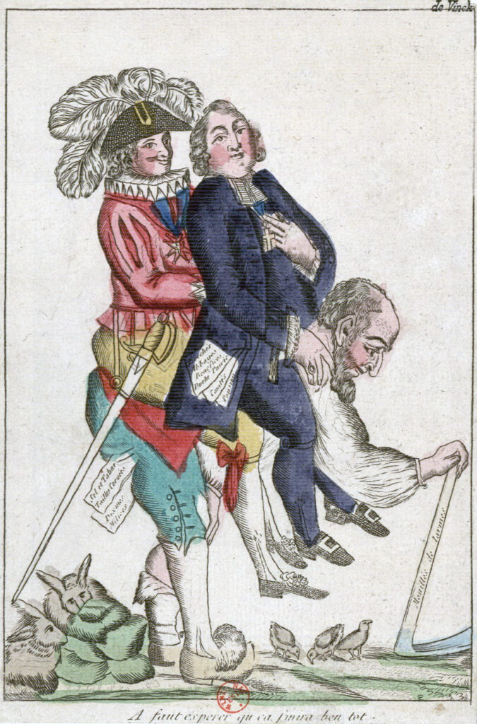 Crude illustration showing a wealthy man and a priest on the back of a poor, old man supporting himself with a farming tool
