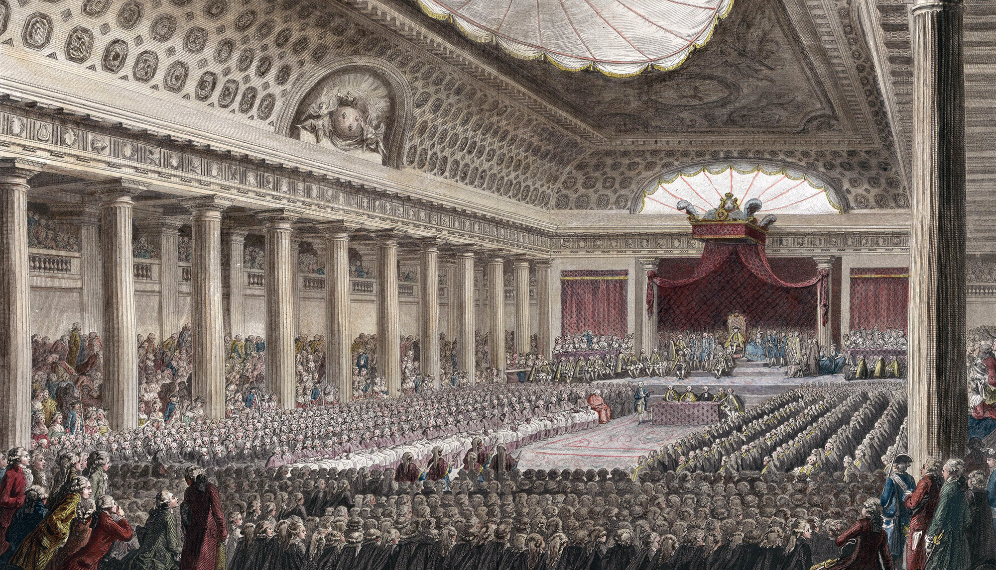 Engraving showing a grand 18th-century room holding a large, formal crowd