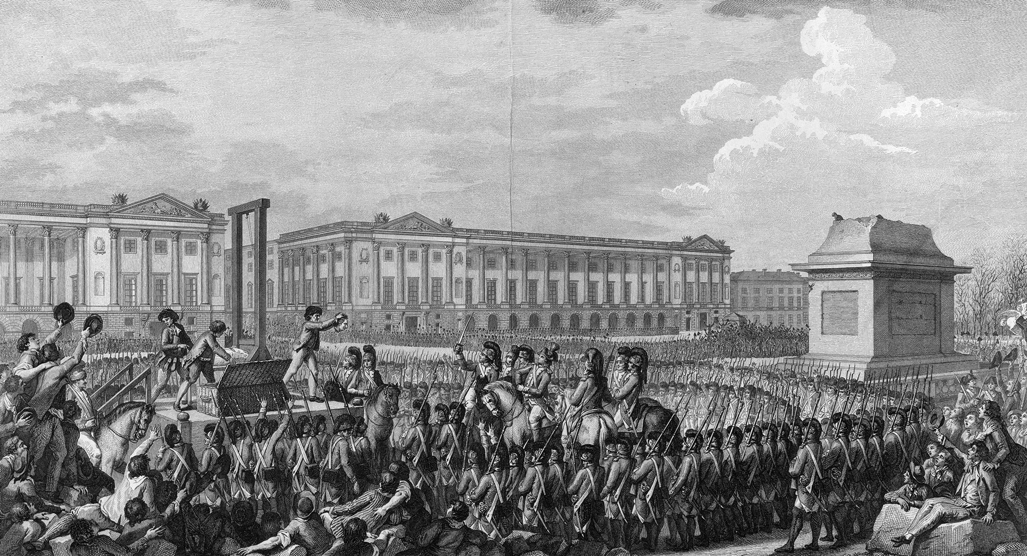 Engraving showing a large outdoor crowd watching a beheading by guillotine