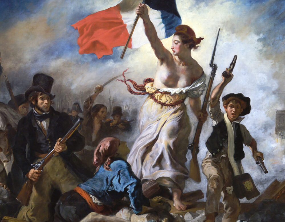 Romantic painting of a woman holding French flag on a battlefield with men holding weapons