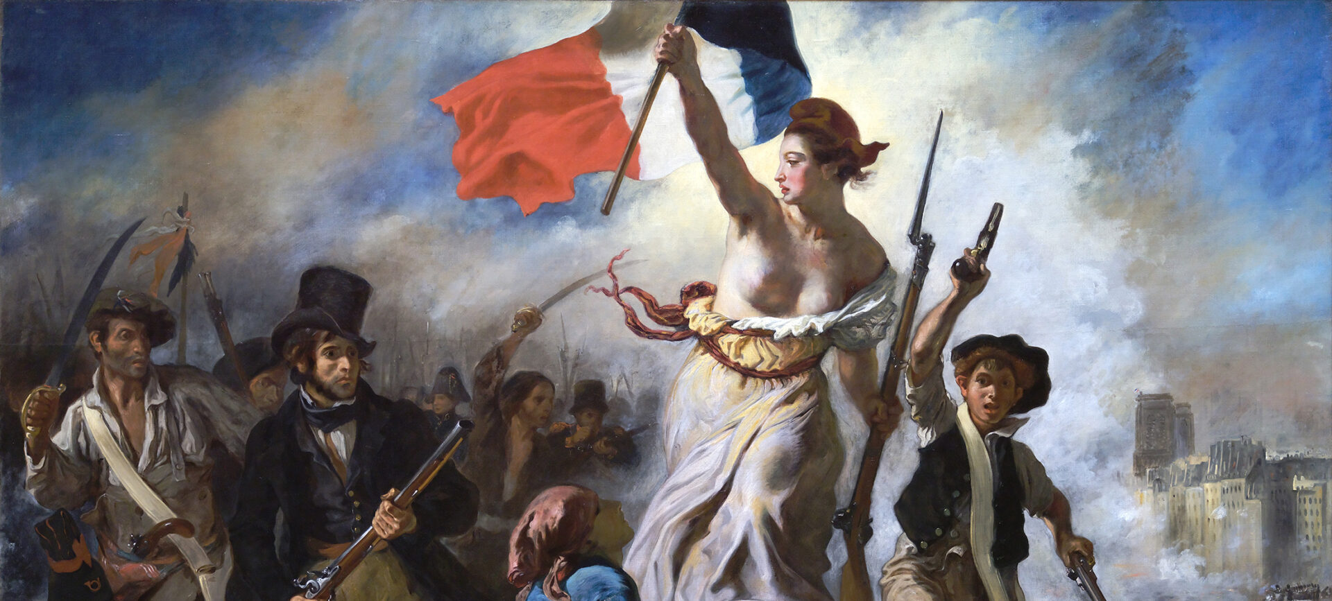 Romantic painting of a woman holding French flag on a battlefield with men holding weapons