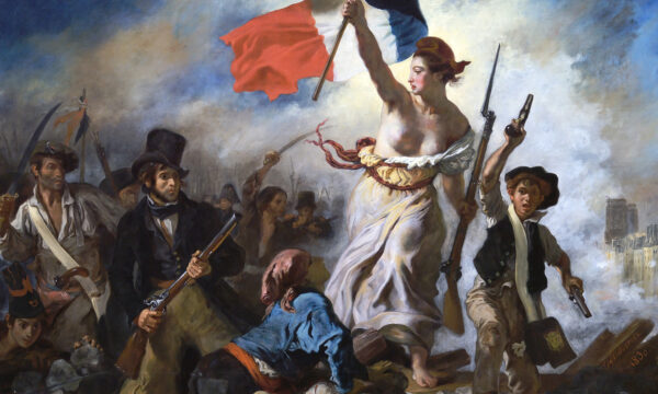 Romantic painting of a woman holding French flag on a battlefield with men holding weapons