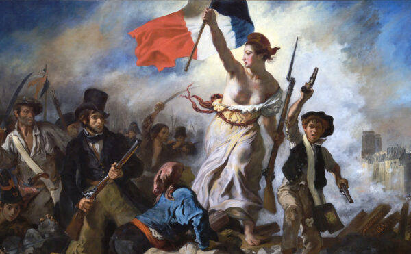 Romantic painting of a woman holding French flag on a battlefield with men holding weapons