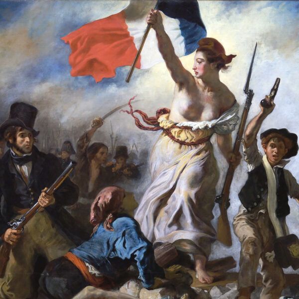 Romantic painting of a woman holding French flag on a battlefield with men holding weapons
