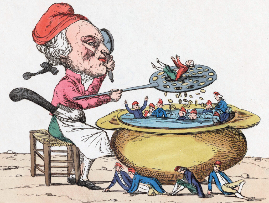 Caricature of a man skimming a smaller man from a pot with a strainer
