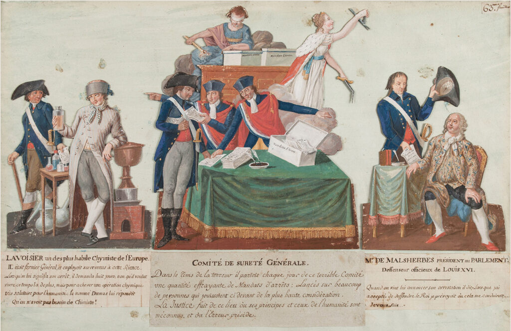 Three grouped illustrations of scenes from the French Revolution