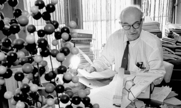 Older man sitting at a desk stacked with books, a molecular model in the foreground