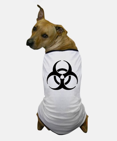dig wearing a sweater with a biohazard symbol