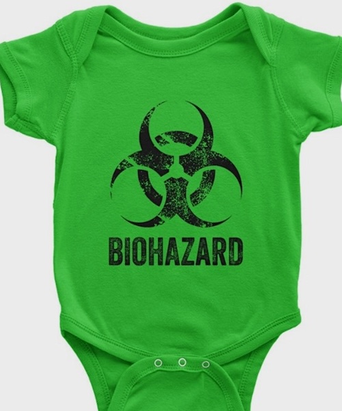 bright green onsie with a black biohazard symbol