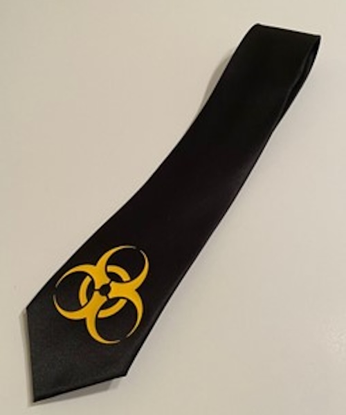 black tie with a yellow biohazard symbol