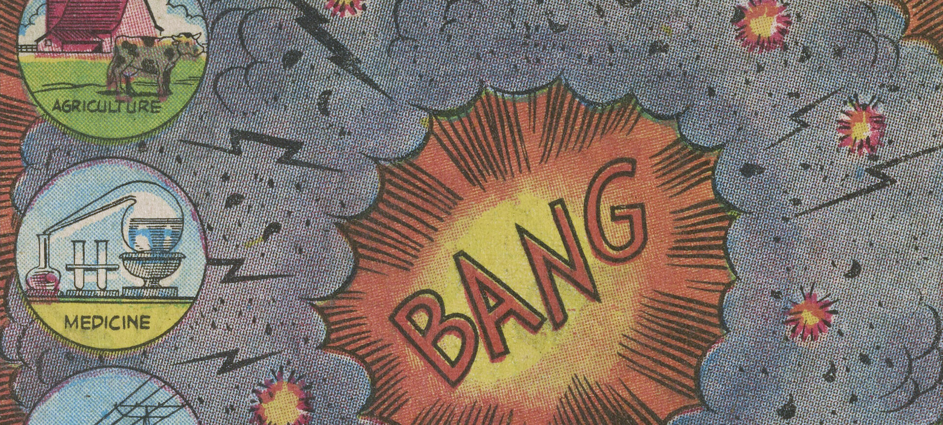 comic book illustration with BANG at the center