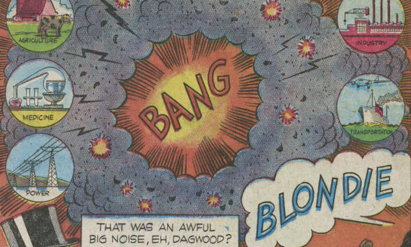 comic book illustration with BANG at the center