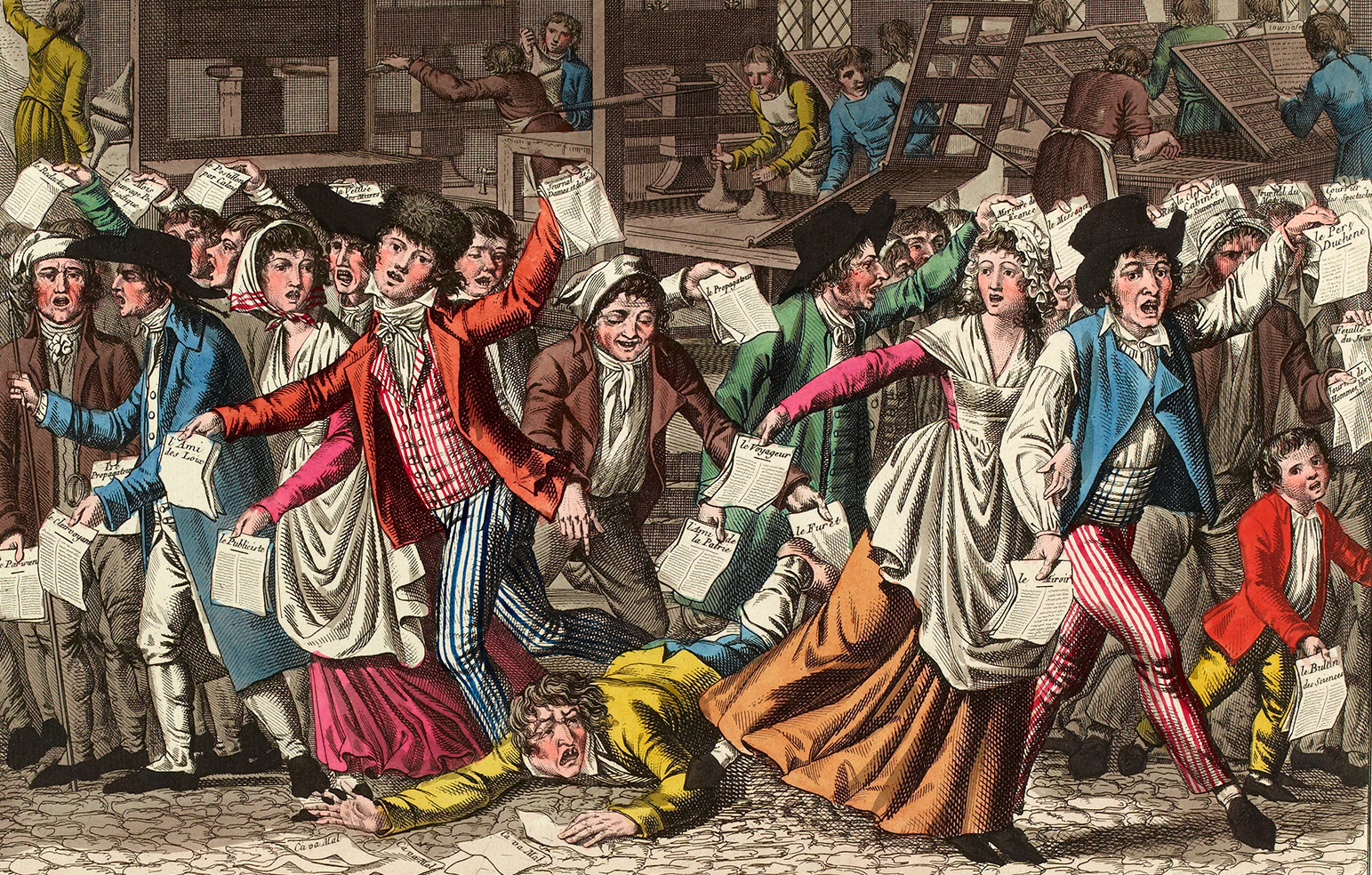 Colored illustration showing an excited crowd holding newspapers, while others work presses in the background