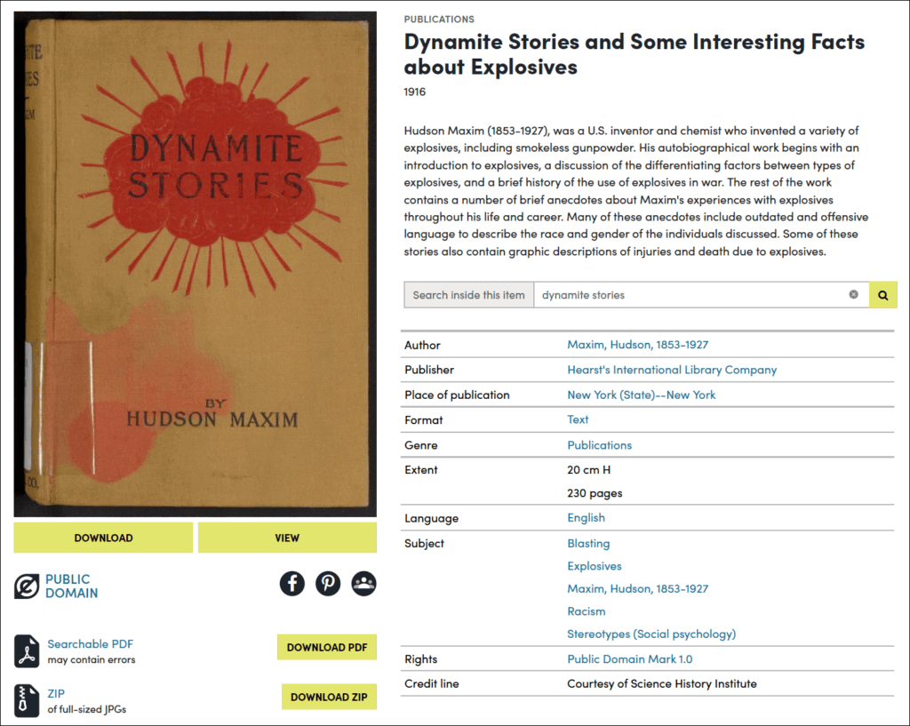 screenshot of digital collections entry