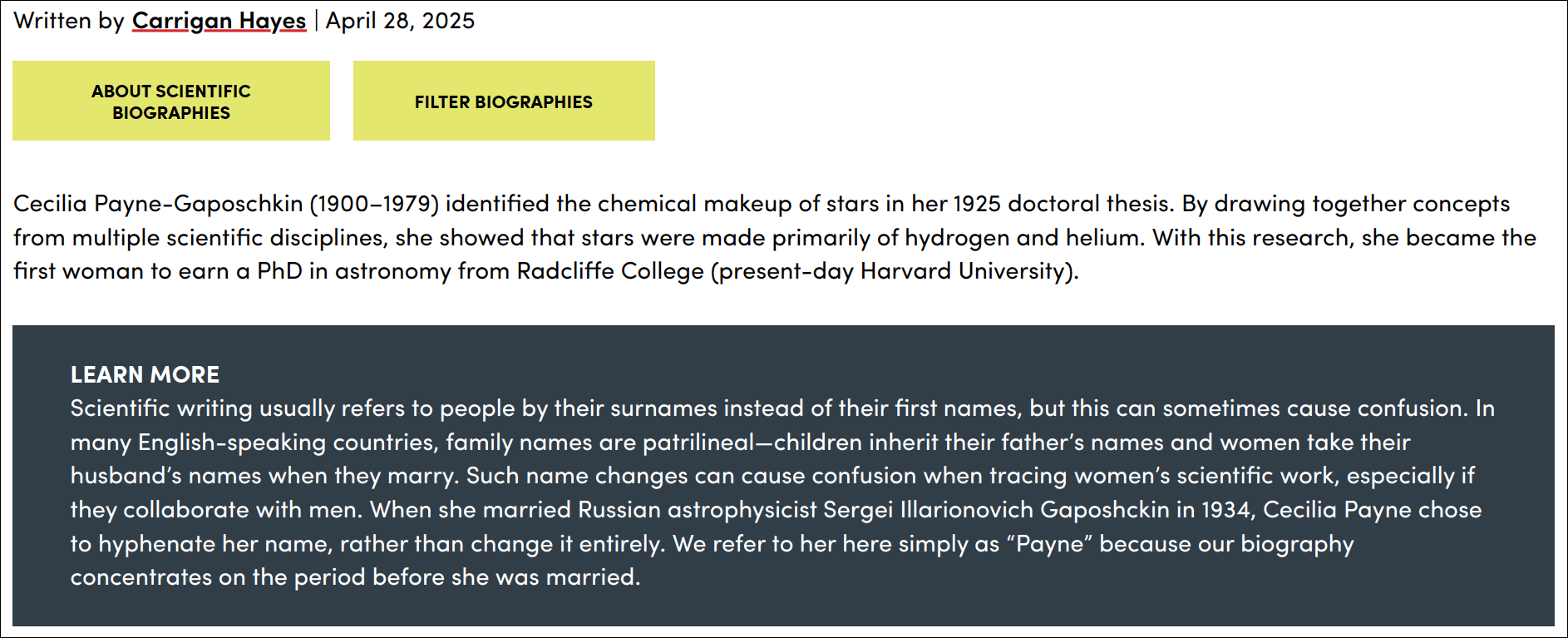 screenshot from a biography