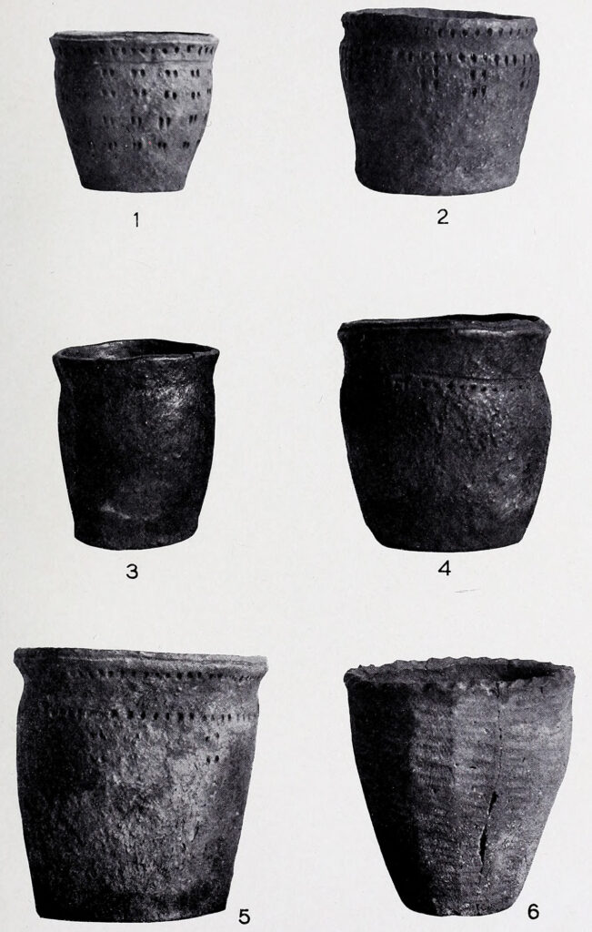 Six black and white photos of small ceramic pots