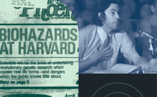 Collage of scientist testifying at hearing, newspaper headline "Biohazards at Harvard," and news anchor