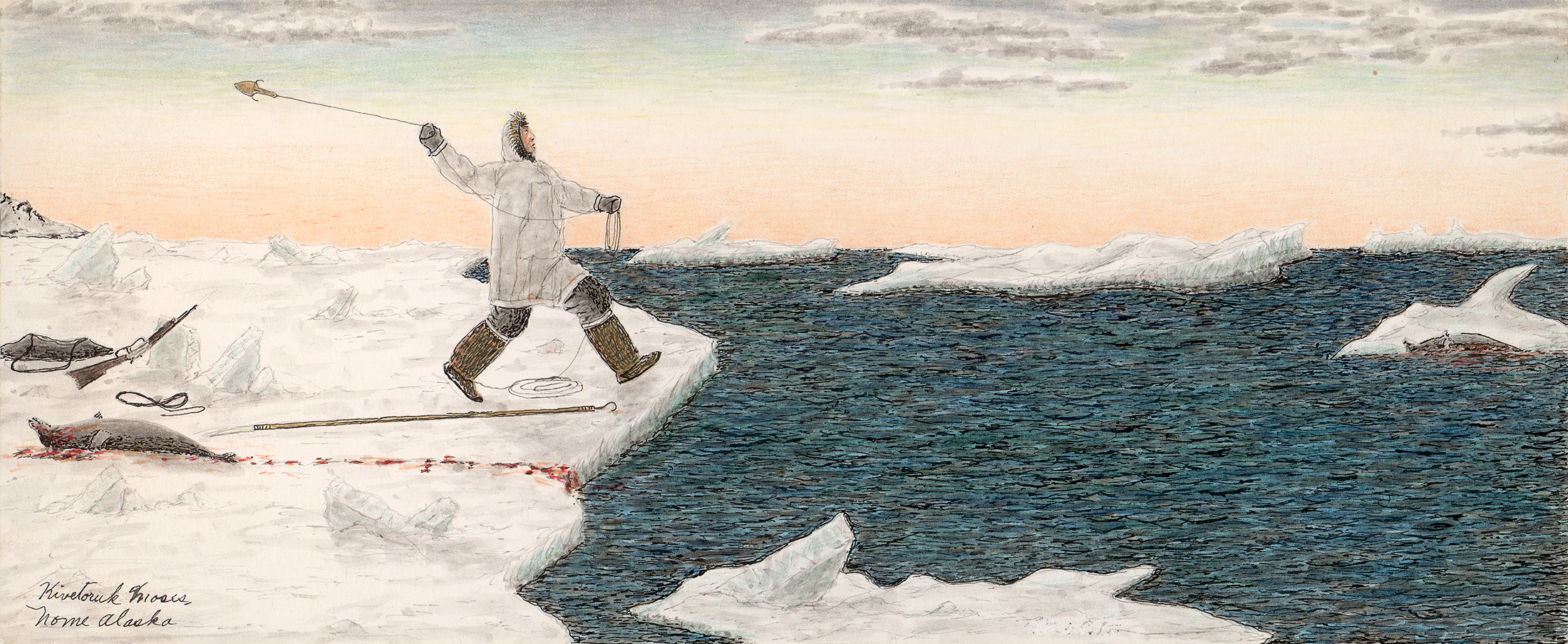 Illustration of Arctic scene showing a man tossing a hook on a string toward a dead seal