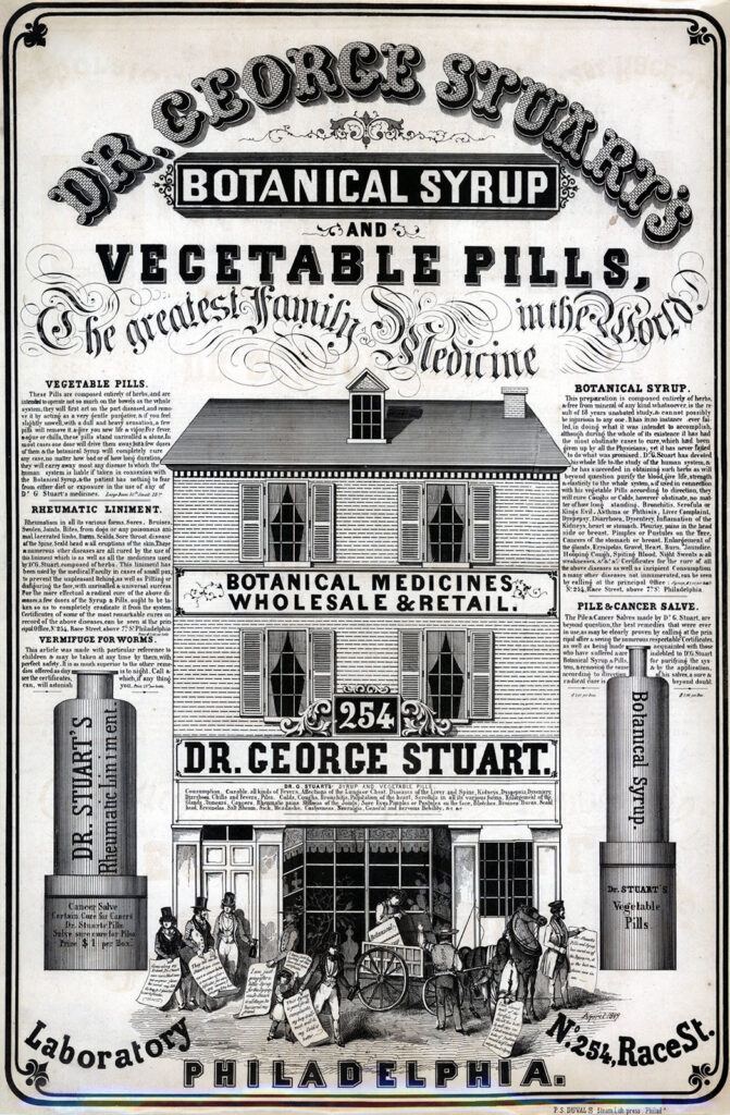 Old print illustration of busy patent medicine warehouse with customers outside