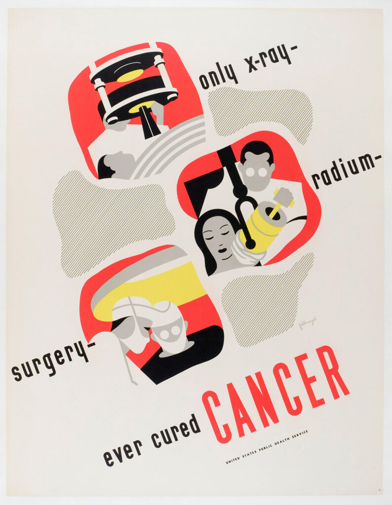 Public health poster showing stylized illustrations of x-ray therapy, radium therapy, and surgery