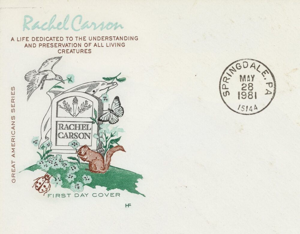 postcard showing a drawing of Rachel Carson's grave with birds and a squirrel