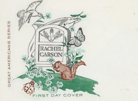 postcard showing a drawing of Rachel Carson's grave with birds and a squirrel