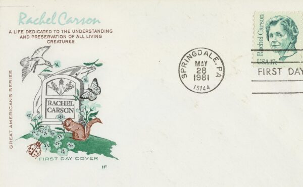postcard showing a drawing of Rachel Carson's grave with birds and a squirrel
