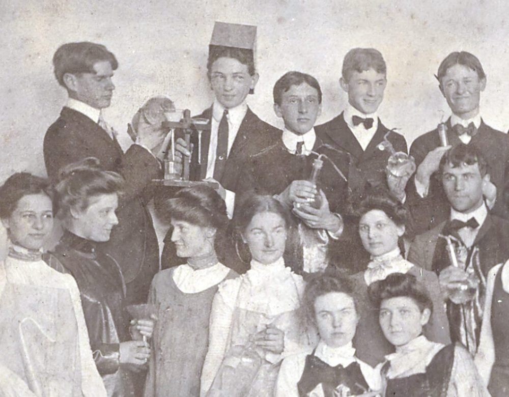 black-and-white photo of assembled students