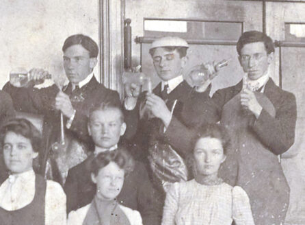 black-and-white photo of assembled students