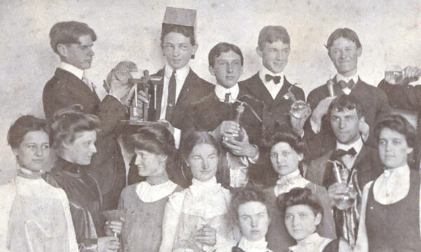 black-and-white photo of assembled students