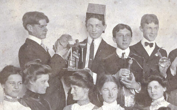black-and-white photo of assembled students