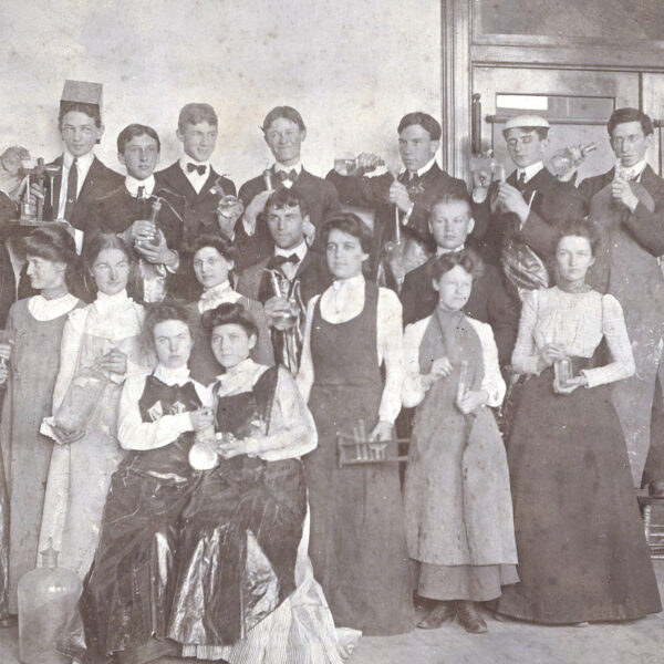 black-and-white photo of assembled students