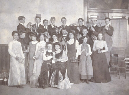 black-and-white photo of assembled students