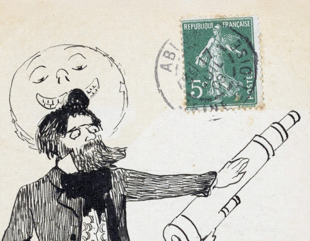 hand drawing of an astronomer on a French stamped postcard