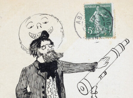 hand drawing of an astronomer on a French stamped postcard