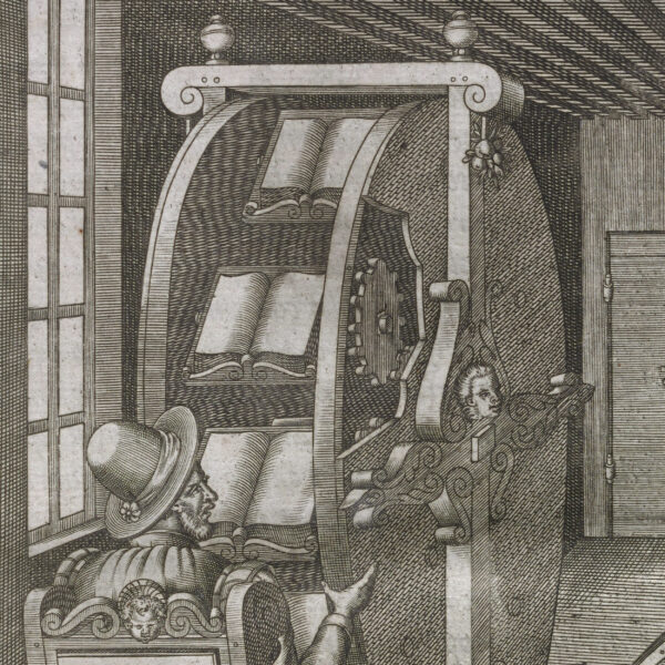 engraving of a man in top hat sitting before the waterwheel-like book holder