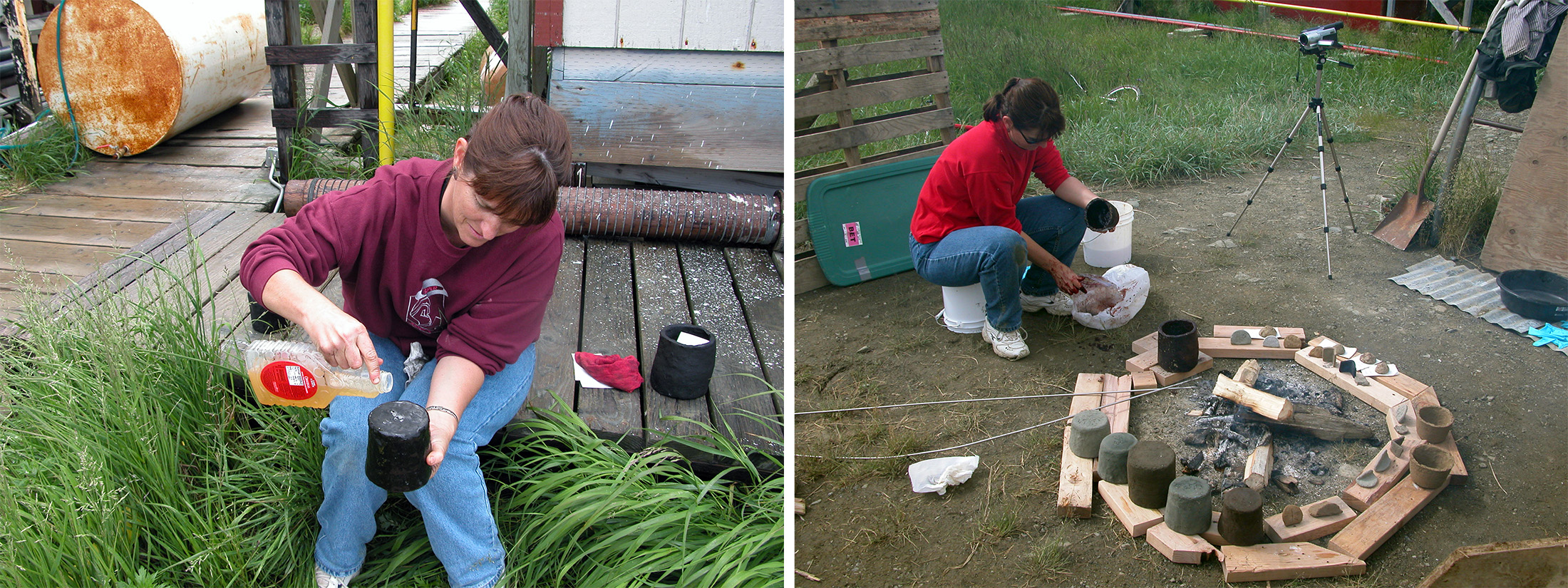 Two photographs; on the left a seated woman pours liquid from a plastic container onto an upturned pot; on the right, the same woman sits near a wood fire and dips a pot into a bag holding blood
