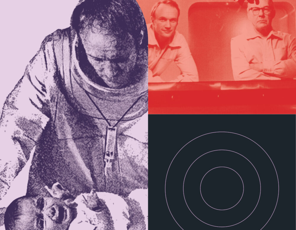 Collage of two images including a man in a hazmat suit looking down at a crying baby and two men looking toward the camera