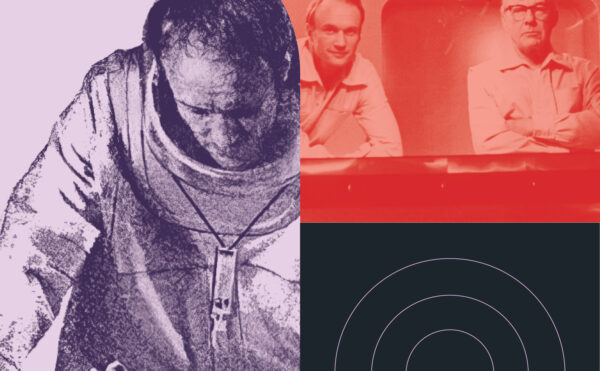 Collage of two images including a man in a hazmat suit looking down at a crying baby and two men looking toward the camera