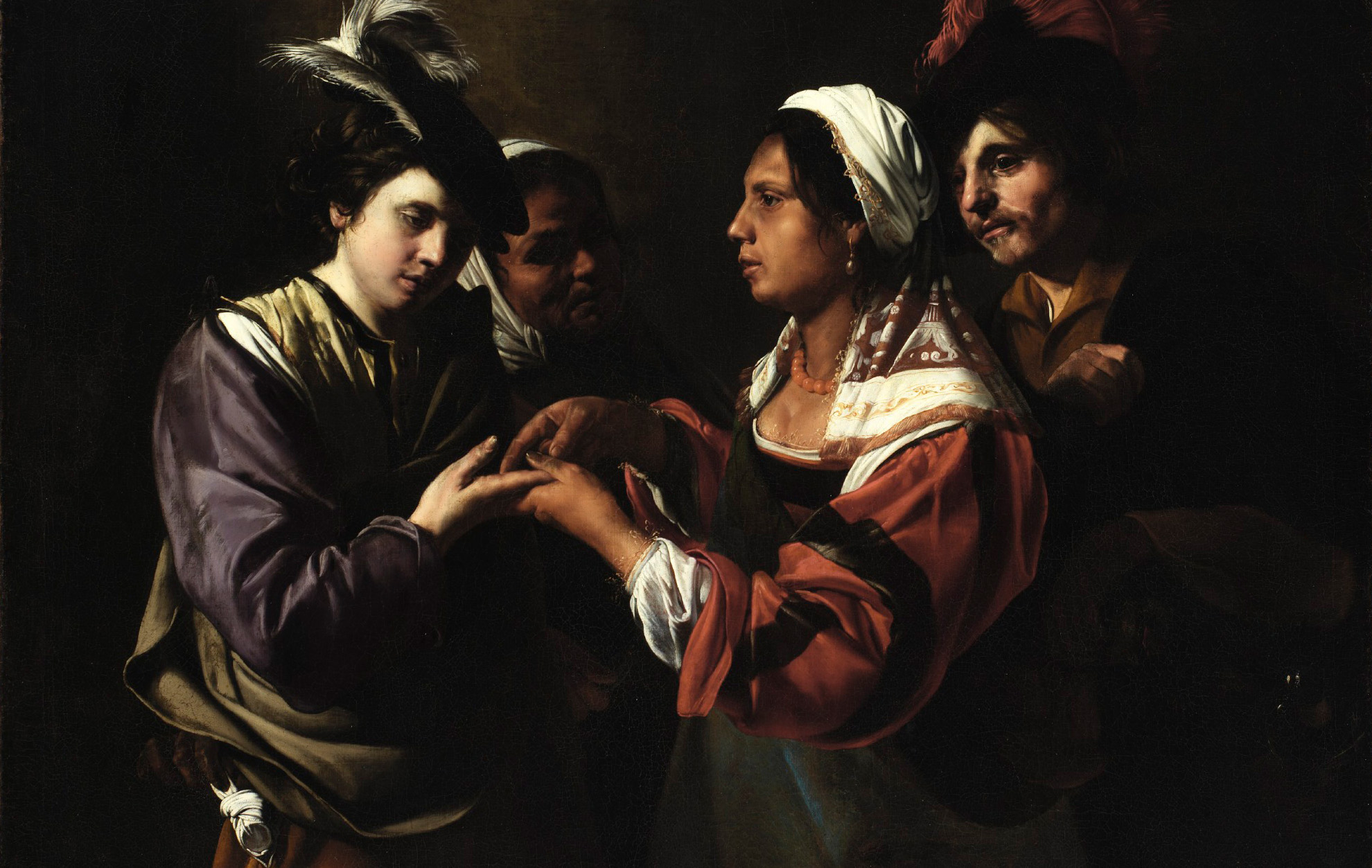 Oil painting of a woman reading the palm of a wealthy young man. At the same time, an accomplice picks the man’s pocket while another wealthy man steals a chicken from the fortune teller’s bag